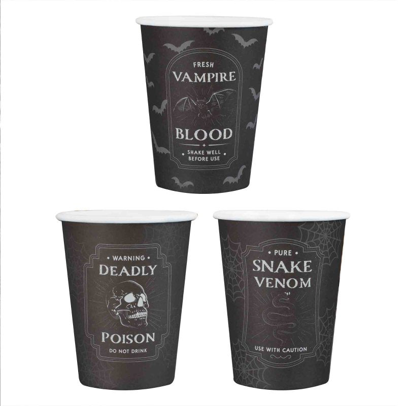 DEADLY SOIREE BLACK POTION LABEL HALLOWEEN PAPER PARTY CUPS