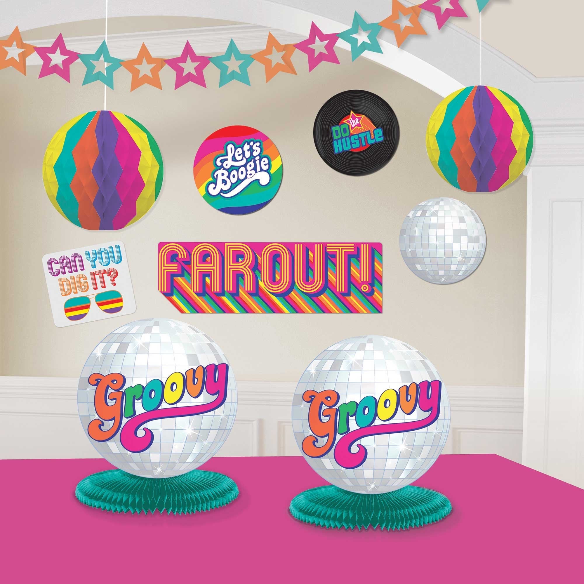 Get ready to boogie down and disco fever with our far-out '70s party decor! Turn back the clock and groove to the funky beats with our retro decorations, featuring psychedelic patterns, disco balls, and retro backdrops.